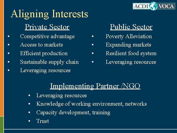 Aligning Interests Private Sector • Competitive advantage • Access to markets • Efficient production