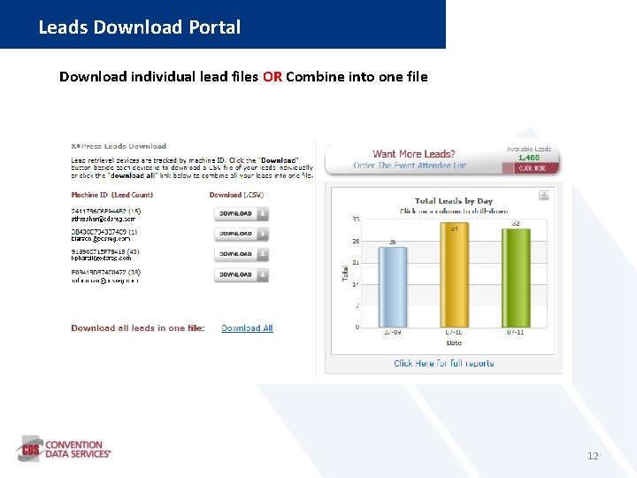 Leads Download Portal Download individual lead files OR Combine into one file 12 