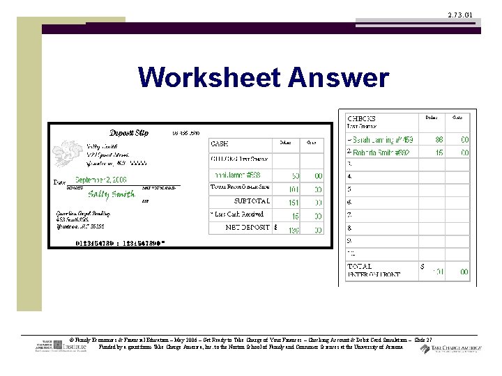 2. 7. 3. G 1 Worksheet Answer © Family Economics & Financial Education –