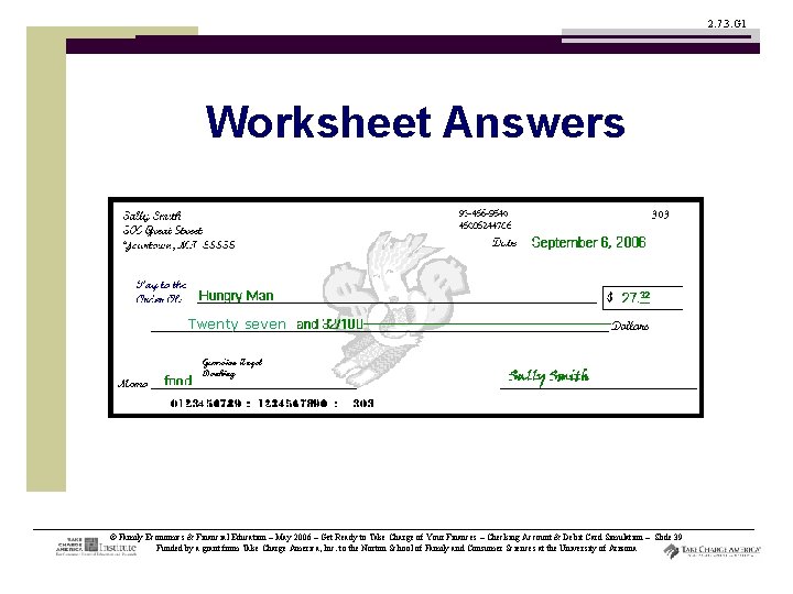 2. 7. 3. G 1 Worksheet Answers Twenty seven © Family Economics & Financial