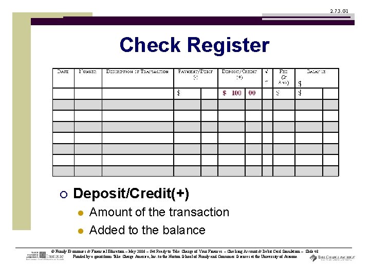 2. 7. 3. G 1 Check Register ¡ Deposit/Credit(+) l l Amount of the