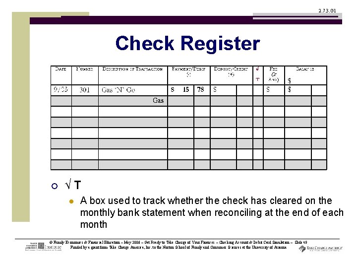 2. 7. 3. G 1 Check Register ¡ √T l A box used to