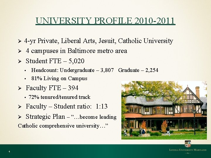 UNIVERSITY PROFILE 2010 -2011 4 -yr Private, Liberal Arts, Jesuit, Catholic University Ø 4