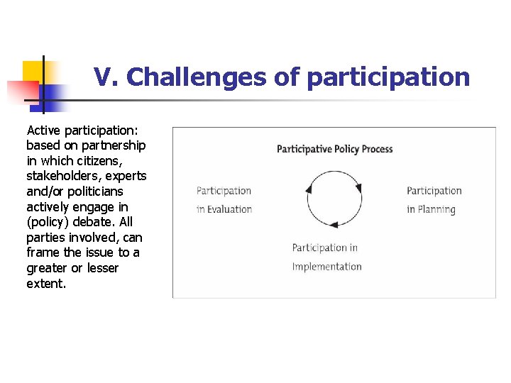V. Challenges of participation Active participation: based on partnership in which citizens, stakeholders, experts