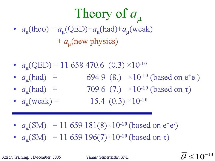 Theory of aµ • aµ(theo) = aµ(QED)+aµ(had)+aµ(weak) + aµ(new physics) • • aµ(QED) =