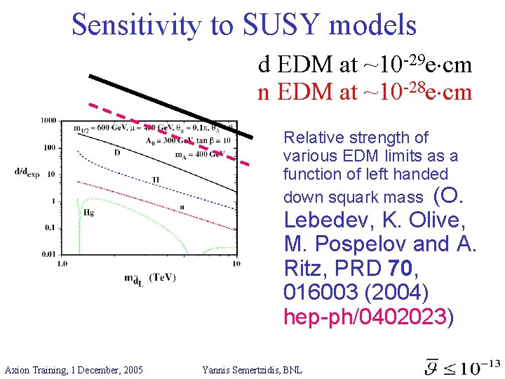 Sensitivity to SUSY models d EDM at ~10 -29 e cm n EDM at