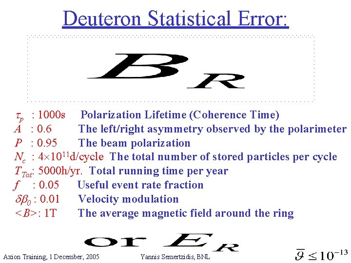 Deuteron Statistical Error: p : 1000 s Polarization Lifetime (Coherence Time) A : 0.