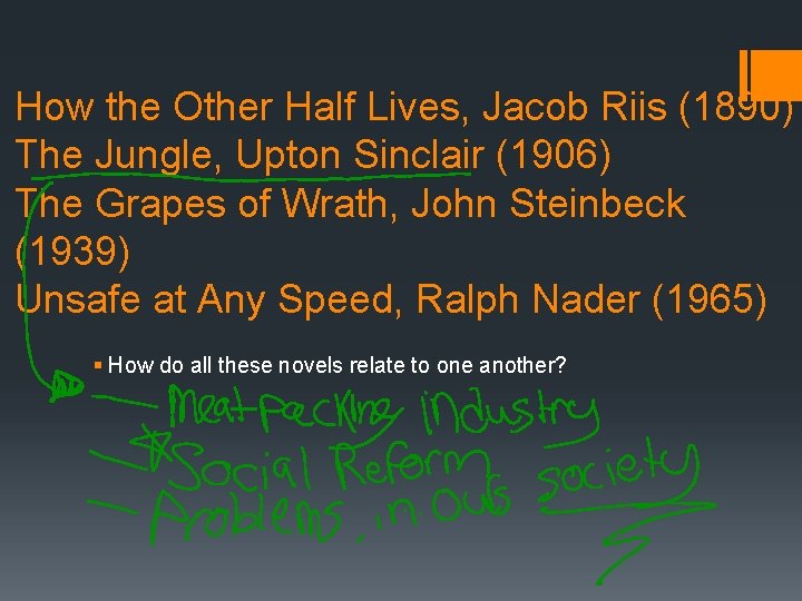 How the Other Half Lives, Jacob Riis (1890) The Jungle, Upton Sinclair (1906) The