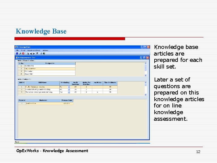 Knowledge Base Knowledge base. articles are prepared for each skill set. Later a set