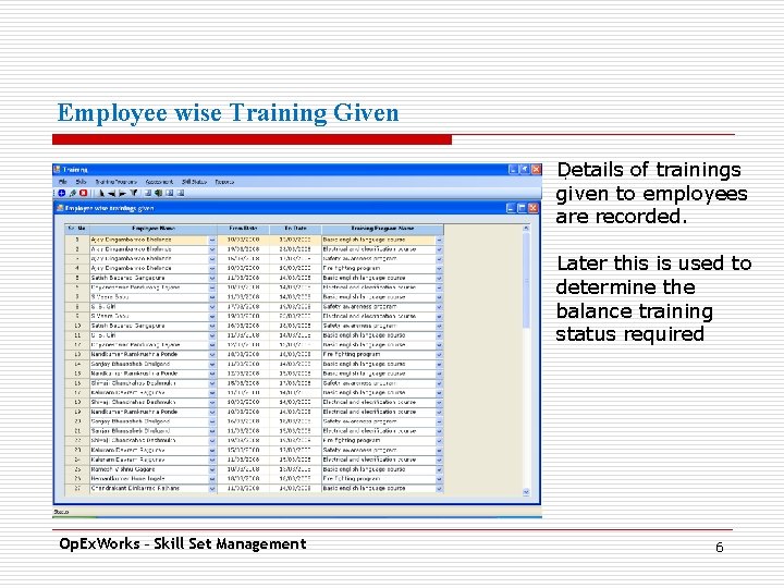 Employee wise Training Given Details of trainings. given to employees are recorded. Later this
