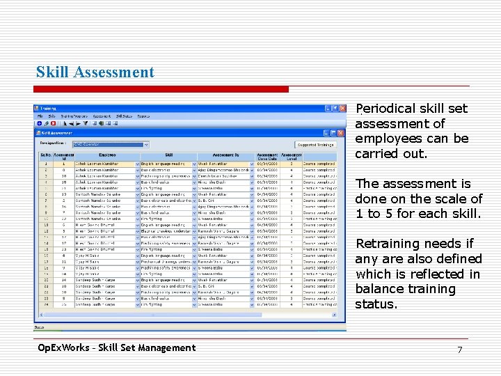 Skill Assessment Periodical skill set. assessment of employees can be carried out. The assessment