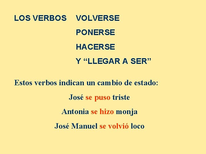 LOS VERBOS VOLVERSE PONERSE HACERSE Y “LLEGAR A SER” Estos verbos indican un cambio
