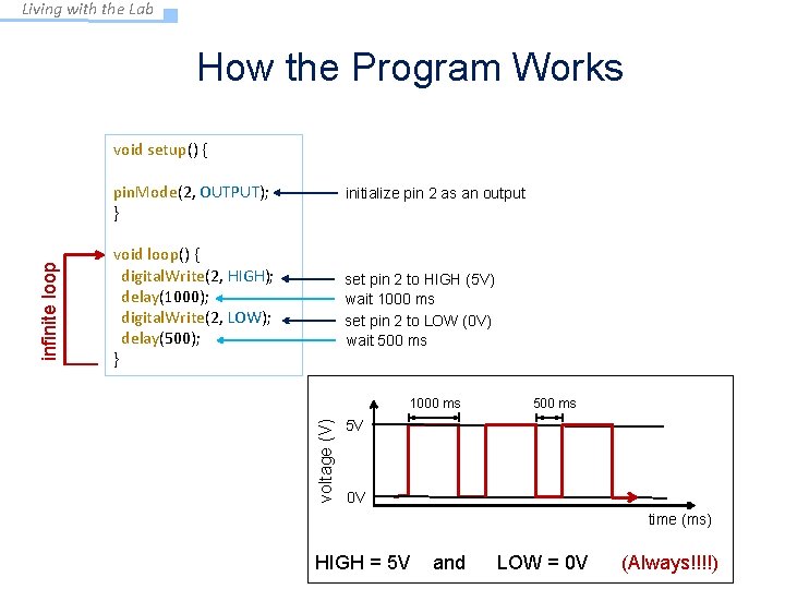Living with the Lab How the Program Works void setup() { initialize pin 2