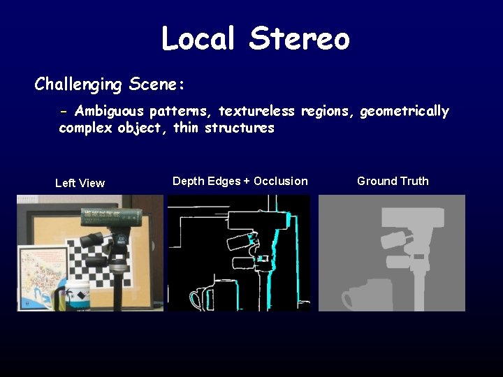 Local Stereo Challenging Scene: - Ambiguous patterns, textureless regions, geometrically complex object, thin structures