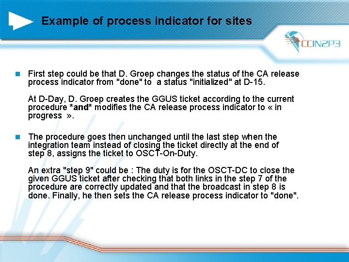 Example of process indicator for sites n First step could be that D. Groep