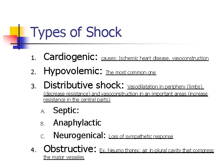 Types of Shock 1. 2. 3. Cardiogenic: causes: Ischemic heart disease, vasoconstruction Hypovolemic: The