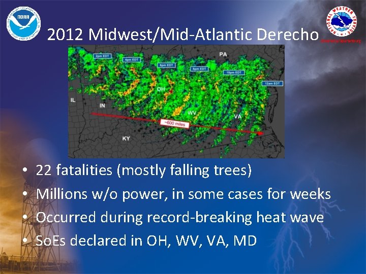 2012 Midwest/Mid-Atlantic Derecho • • Greenville/Spartanburg 22 fatalities (mostly falling trees) Millions w/o power,