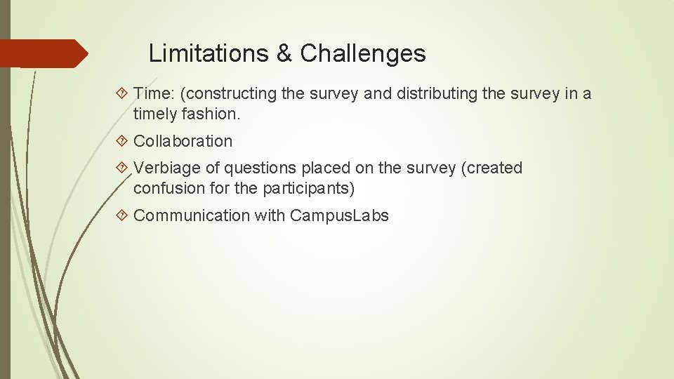 Limitations & Challenges Time: (constructing the survey and distributing the survey in a timely