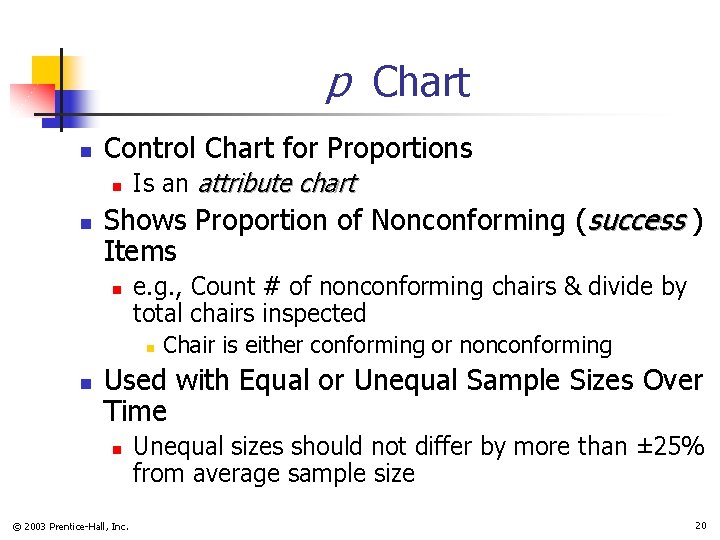 p Chart n Control Chart for Proportions n n Is an attribute chart Shows