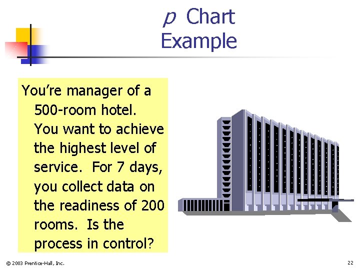 p Chart Example You’re manager of a 500 -room hotel. You want to achieve