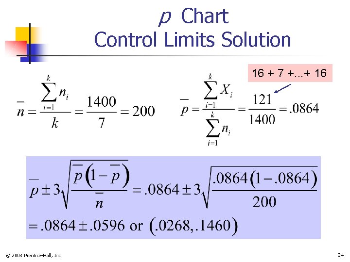 p Chart Control Limits Solution 16 + 7 +. . . + 16 ©