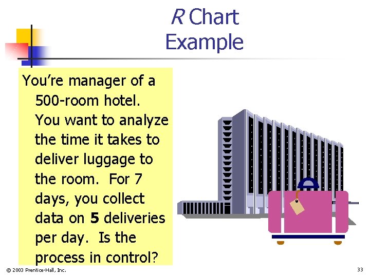 R Chart Example You’re manager of a 500 -room hotel. You want to analyze