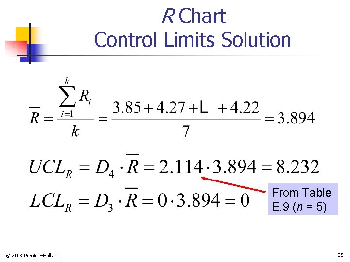 R Chart Control Limits Solution From Table E. 9 (n = 5) © 2003