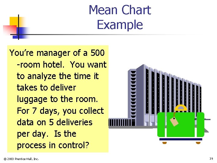 Mean Chart Example You’re manager of a 500 -room hotel. You want to analyze