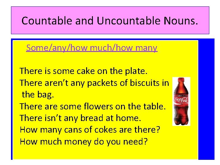 Countable and Uncountable Nouns. Some/any/how much/how many There is some cake on the plate.