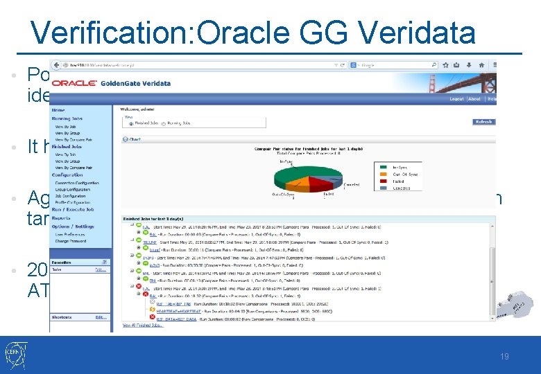 Verification: Oracle GG Veridata • Powerful tool for the data missing-synchronization identification • It
