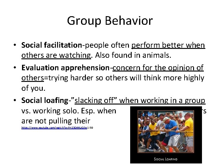 Group Behavior • Social facilitation-people often perform better when others are watching. Also found