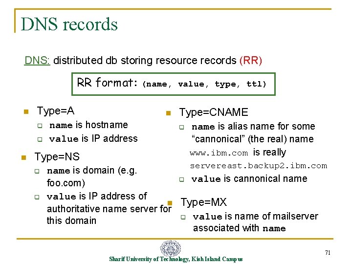 DNS records DNS: distributed db storing resource records (RR) RR format: n Type=A q