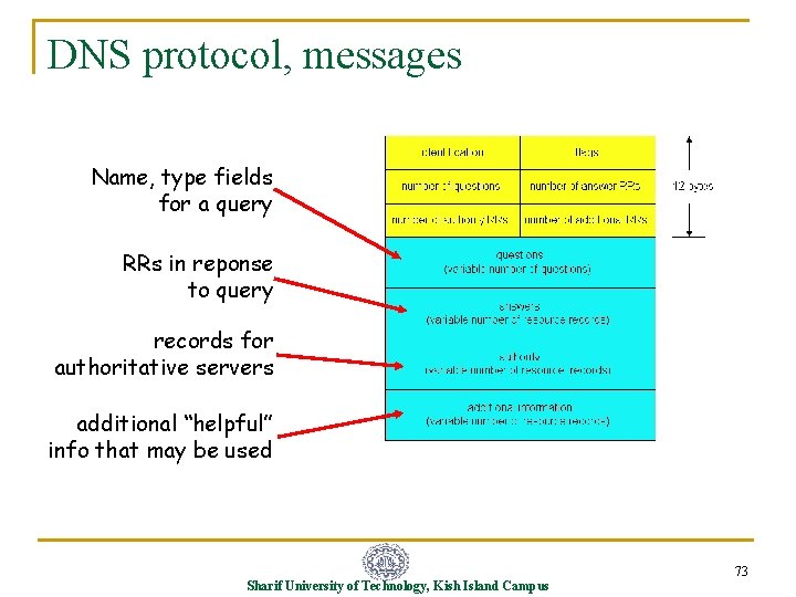 DNS protocol, messages Name, type fields for a query RRs in reponse to query