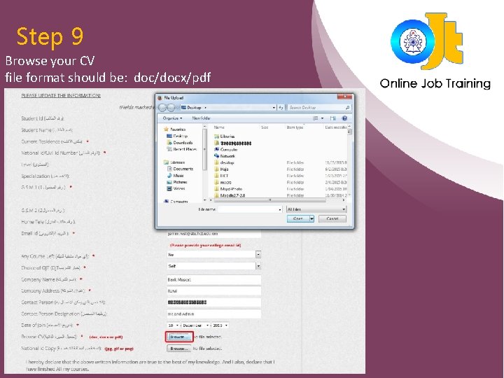 Step 9 Browse your CV file format should be: doc/docx/pdf 