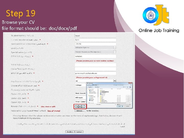 Step 19 Browse your CV file format should be: doc/docx/pdf 
