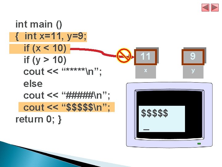 int main () { int x=11, y=9; if (x < 10) if (y >