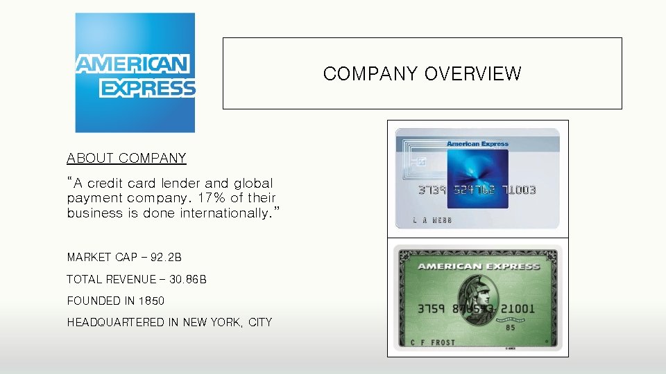 COMPANY OVERVIEW ABOUT COMPANY “A credit card lender and global payment company. 17% of