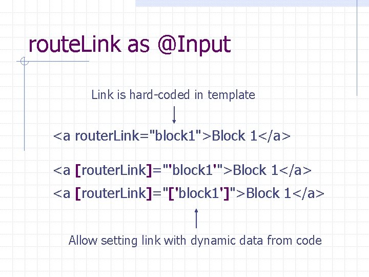 route. Link as @Input Link is hard-coded in template <a router. Link="block 1">Block 1</a>