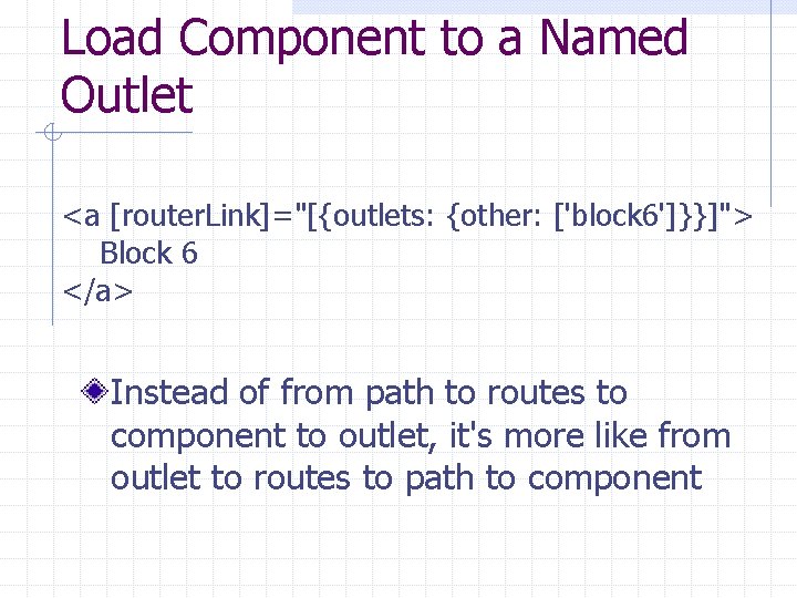 Load Component to a Named Outlet <a [router. Link]="[{outlets: {other: ['block 6']}}]"> Block 6
