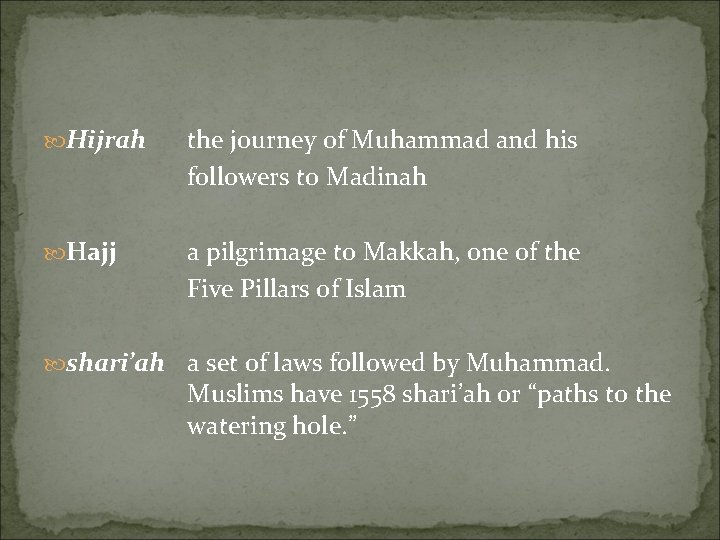  Hijrah the journey of Muhammad and his followers to Madinah Hajj a pilgrimage