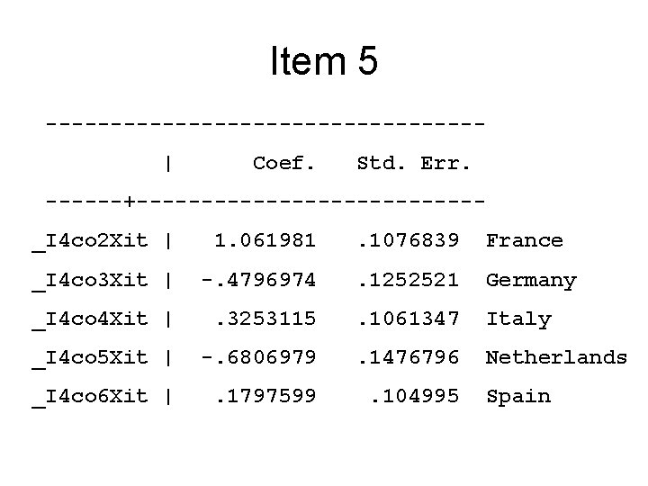 Item 5 -----------------| Coef. Std. Err. ------+-------------_I 4 co 2 Xit | 1. 061981