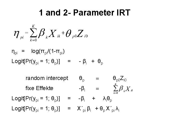 1 and 2 - Parameter IRT ηpi = log(πpi/(1 -πpi) Logit[Pr(ypi = 1; θp)]