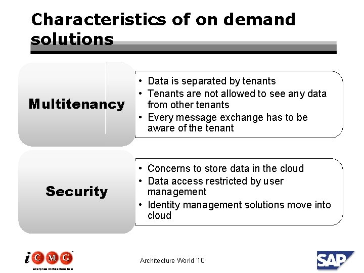 Characteristics of on demand solutions Multitenancy • Data is separated by tenants • Tenants
