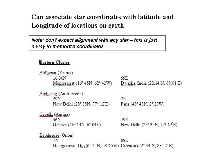 Can associate star coordinates with latitude and Longitude of locations on earth Note: don’t