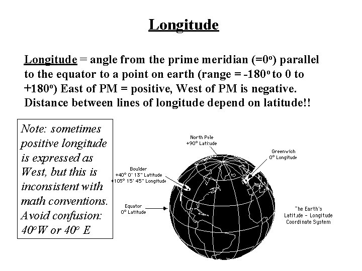 Longitude = angle from the prime meridian (=0 o) parallel to the equator to