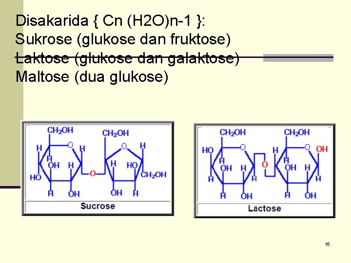 Disakarida { Cn (H 2 O)n-1 }: Sukrose (glukose dan fruktose) Laktose (glukose dan