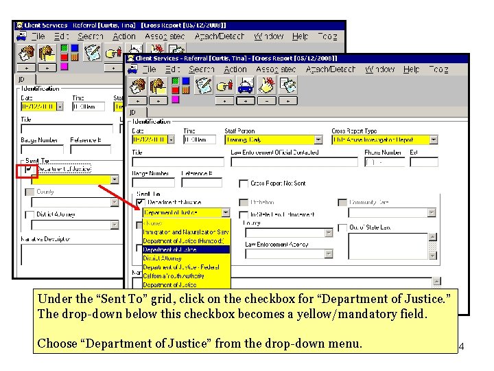 Under the “Sent To” grid, click on the checkbox for “Department of Justice. ”