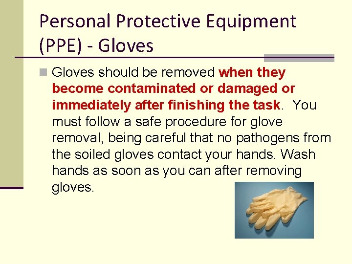 Personal Protective Equipment (PPE) - Gloves n Gloves should be removed when they become