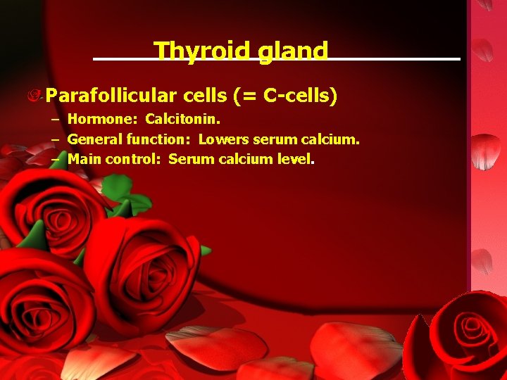 Thyroid gland Parafollicular cells (= C-cells) – Hormone: Calcitonin. – General function: Lowers serum