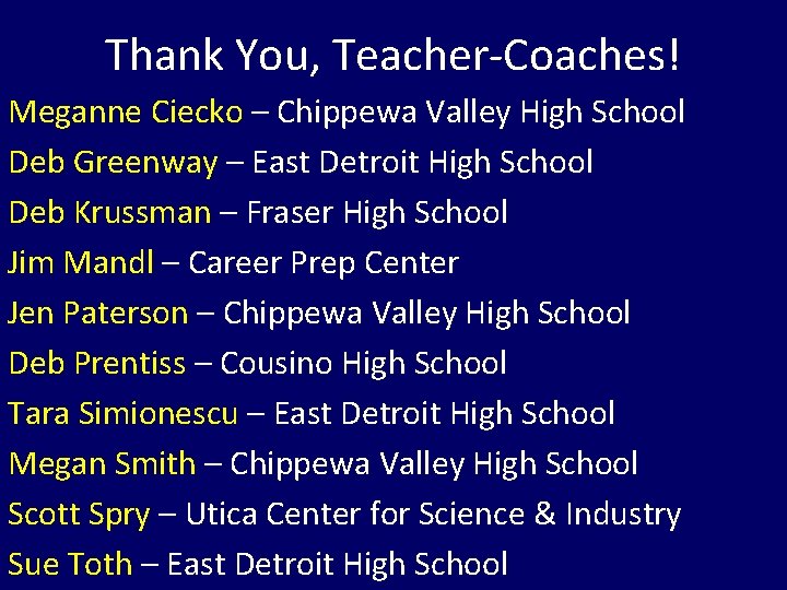 Thank You, Teacher-Coaches! Meganne Ciecko – Chippewa Valley High School Deb Greenway – East